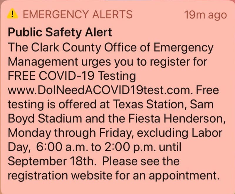Snapshot of emergency text alert sent by Clark County on 9-1-20