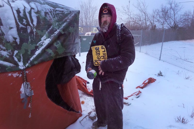 Homeless man in winter in Chicago