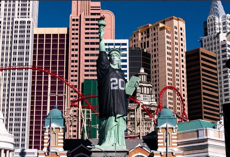The Statue of Liberty decked out in a Las Vegas Raiders jersey on 9-10-20