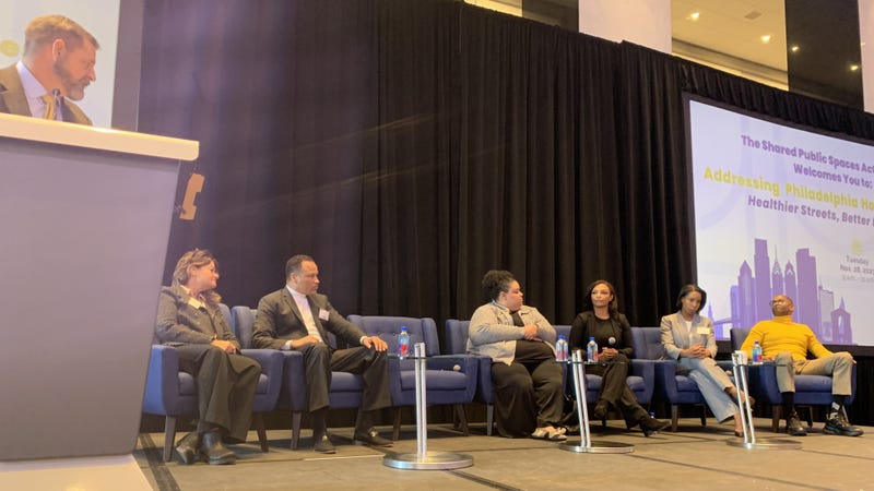 Pa. Convention Center President John McNichol (left) hosts a panel with (second from left to right) Lisa Colton of Phila. Dept. of Behavioral Health and Intellectual Disabilities, Ken Divers of Sepra, Shani Meacham of Valley Youth House, Jaime Miller from the Women Against Abuse board, candice Player of Project HOME and Mel Wells of One Day at a Time.