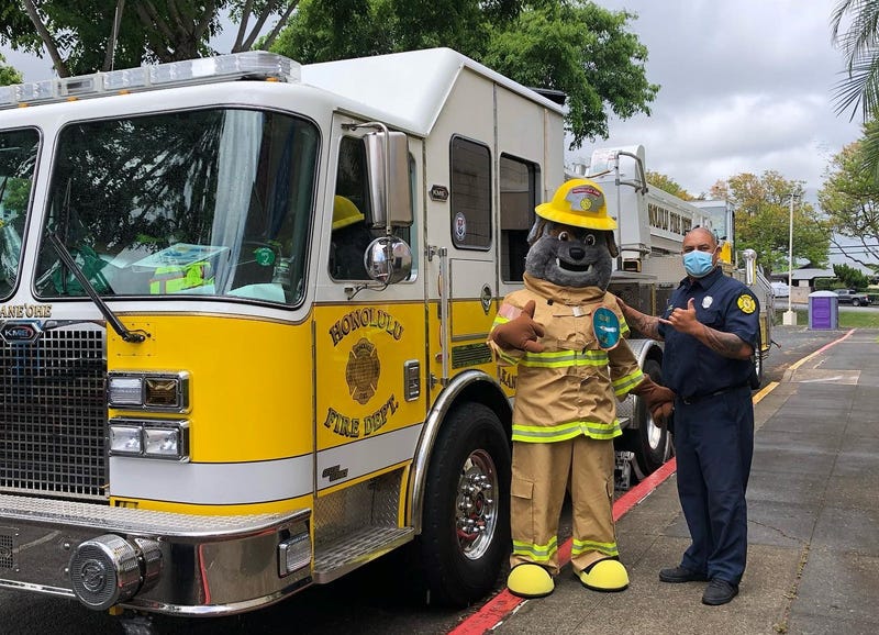 Honolulu Fire Department truck and mascot on June 19, 2021.