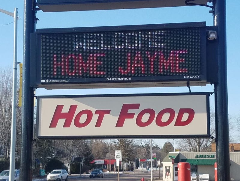 Welcome home Jayme at gas station