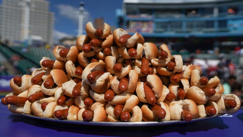 Hot dogs are prepared for the 2021 Nathan's Famous 4th Of July International Hot Dog Eating Contest on July 4, 2021 in New York City.