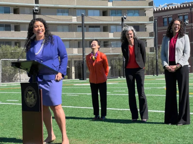 San Francisco Mayor London Breed introduces the new appointees to the school board, Ann Hsu, Lainie Motamedi, and Lisa Weissman-Ward on March 11, 2022.