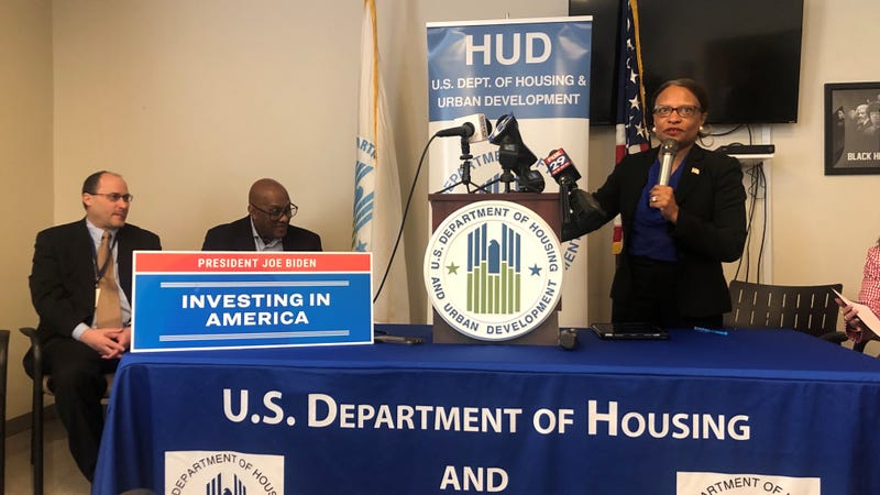 HUD Deputy Secretary Adrianne Todman speaks at a podium with HUD signage.