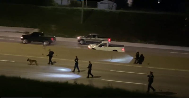 Michigan State Police troopers, as well as the K-9 Unit, canvasing a large area of I-94 at Van Dyke searching for evidence in an alleged road rage shooting. Traffic is going by on the other side of freeway around 5 a.m.