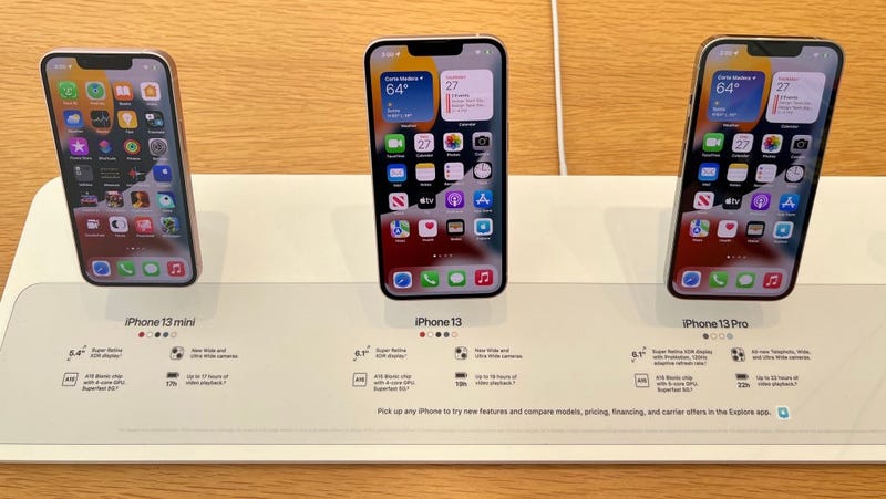New iPhone 13s are displayed at an Apple store on January 27, 2022 in Corte Madera, California. 