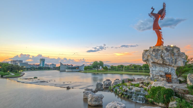 Arkansas River and the Keeper of the Plains in Wichita, Kansas - stock photo