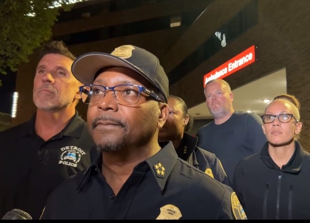  Detroit police are on the hunt for three suspects Friday morning after an officer responding to an overnight call was shot in the leg on the city's east side.