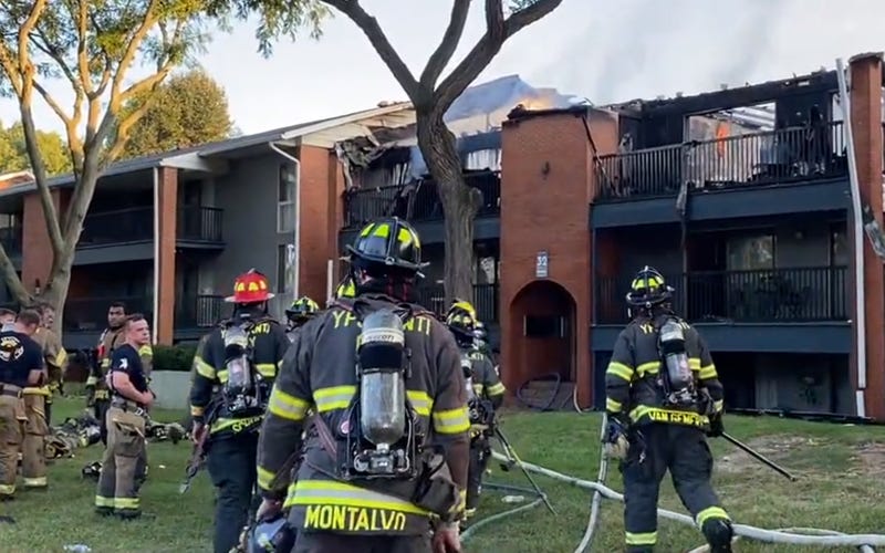 An early morning blaze has engulfed an apartment building in Wayne County that became the center of international attention after a fighter jet crashed into its parking lot last month.