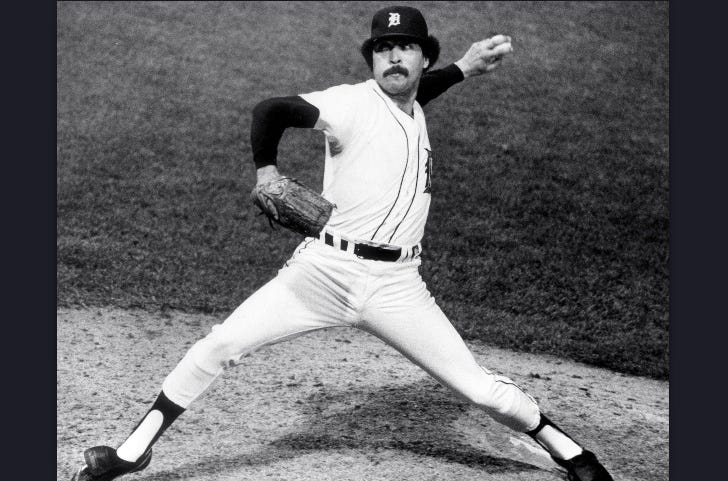 Detroit Tigers' Willie Hernandez pitches in Game 3 of the World Series at Tiger Stadium, Oct. 12, 1984.