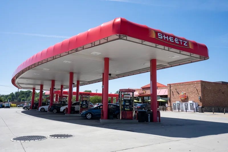 Burlington, NC, USA - June 19, 2022: Exterior view of a Sheetz convenience store and gas station in Burlington, North Carolina. Sheetz, Inc. is an American chain of convenience stores and coffee shops owned by the Sheetz family. Photo credit Getty