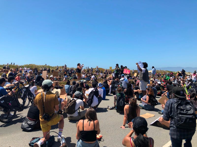 Protests against the police murder of George Floyd march along Ocean Beach, San Francisco, June 2, 2020