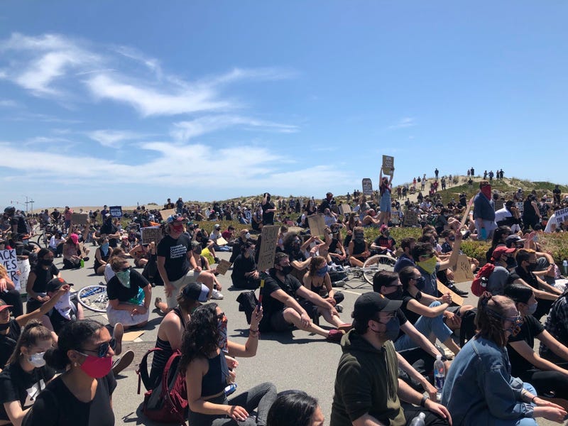 Protests against the police murder of George Floyd march along Ocean Beach, San Francisco, June 2, 2020