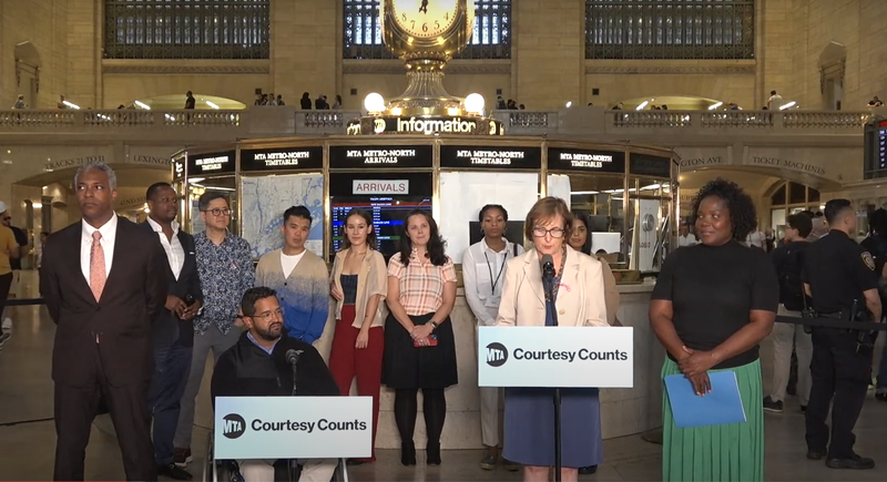 Officials gather for the 'Courtesy Counts' campaign announced by the MTA on Tuesday, Oct. 3, 2023.