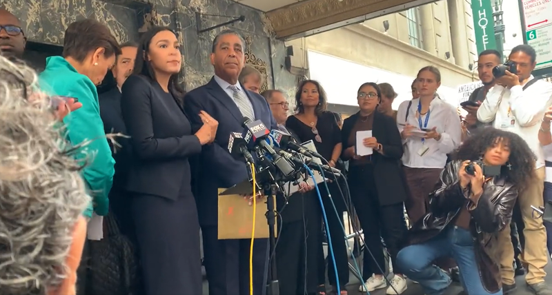 Alexandria Ocasio-Cortez during a press conference in front of the Roosevelt Hotel on Sept. 15.