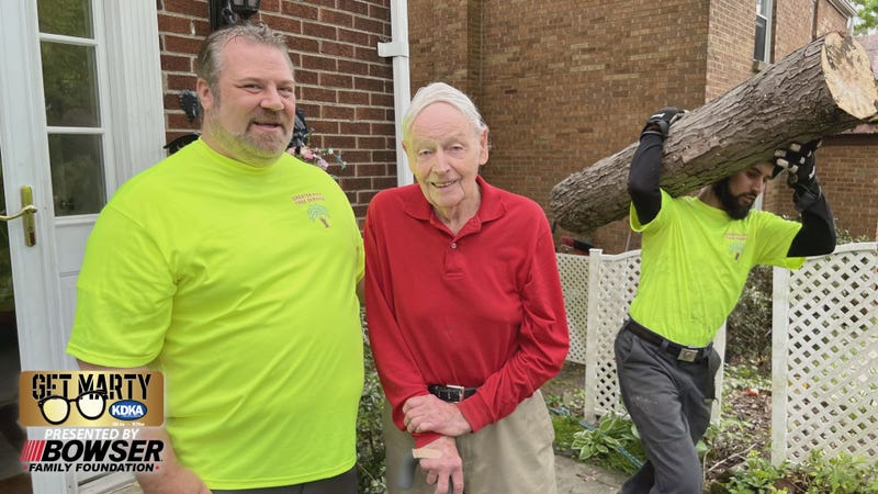 Bill Haines (left) introduces WWII Veteran Leo Clougherty to us as part of his tree heads to the woodchipper.