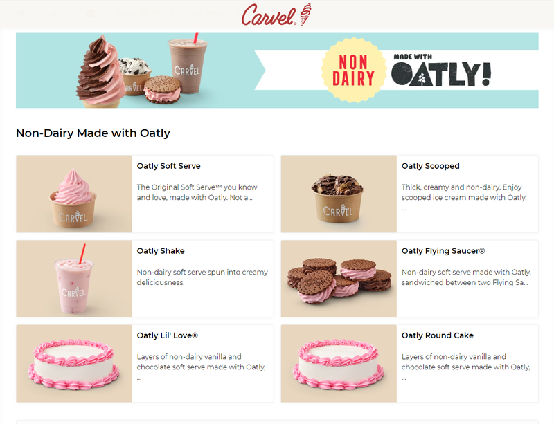 A list of Carvel's non-dairy products made with Oatly, a dairy substitute made from oats.