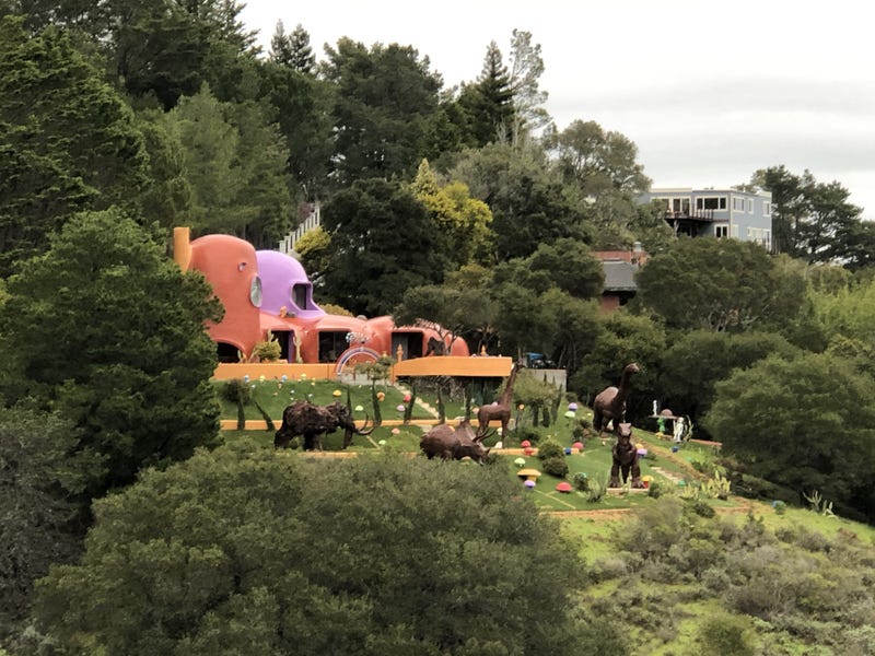 The famous so-called "Flintstones House" of Hillsborough as seen from I-280