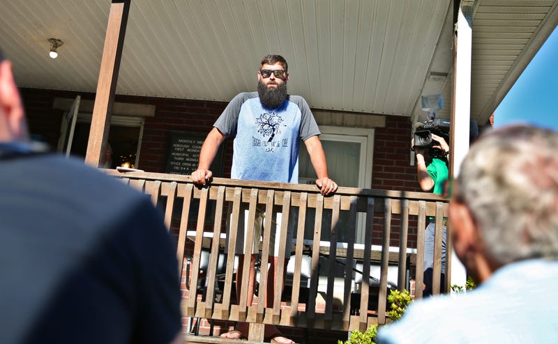 Tioga Mayor David Wilcox speaks to residents from the porch of the municipal building on July 12, 2022. He insisted that several Borough Council members misled him on Loehmann’s hiring.
