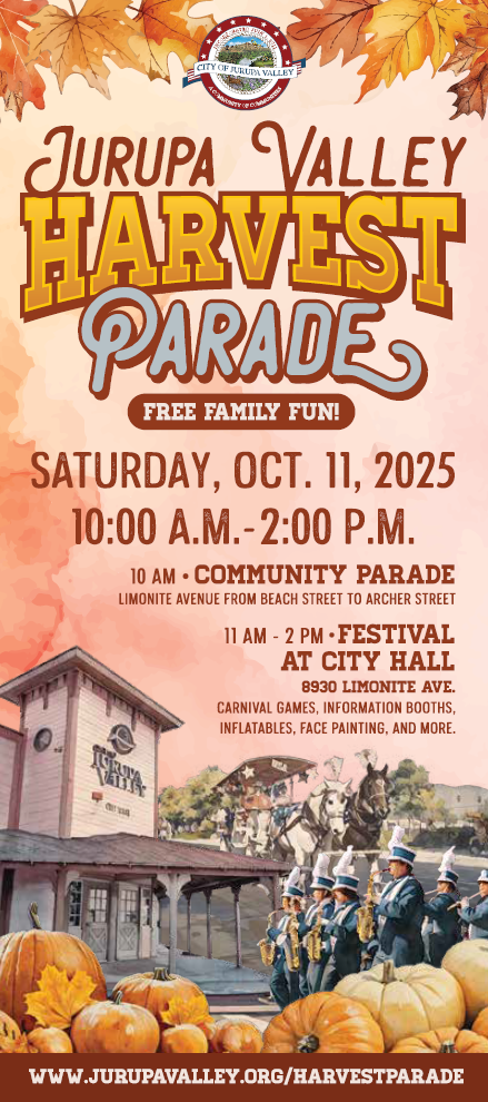 Jurupa Valley Harvest Parade flyer with marching band and pumpkins in front of Jurupa Valley City Hall