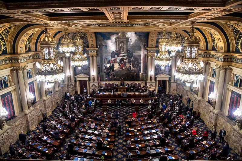 Pennsylvania lawmakers take the oath of office in the House chamber in the Capitol building in Harrisburg, PA in 2021. They will do so again this week.