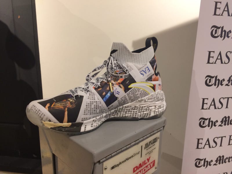 Klay Thompson's newest branded sneakers allude to his pre-game ritual of reading the newspaper before Golden State Warriors games. Fans had to purchase a newspaper subscription to qualify to get the shoes on July 7, 2019.