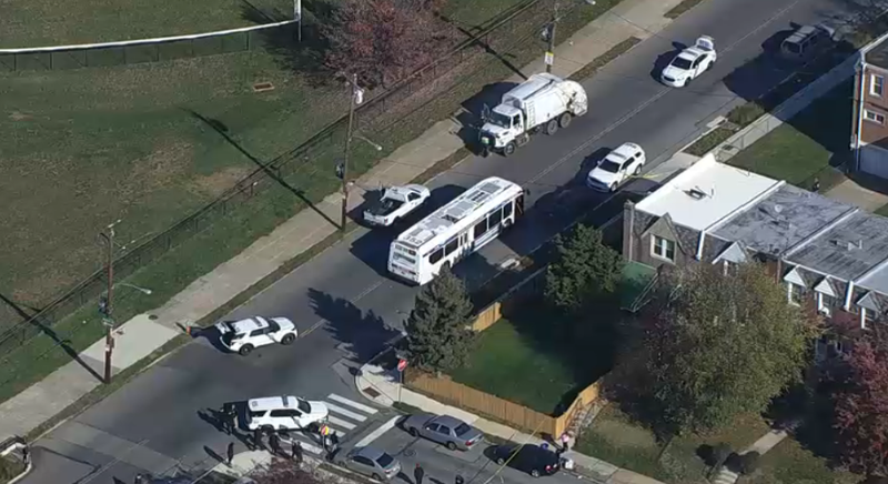 A sanitation truck is the scene of a homicide in Philadelphia's Mayfair section on Friday morning.