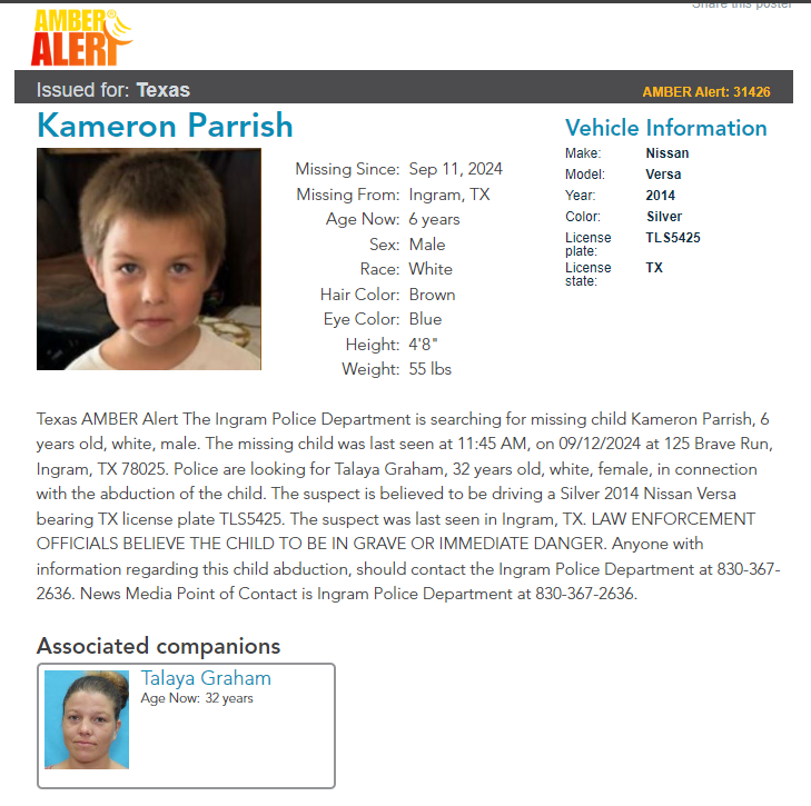 Ingram Police Department are searching for a missing 6-year-old boy in Kerr County. (Ingram Police Department)