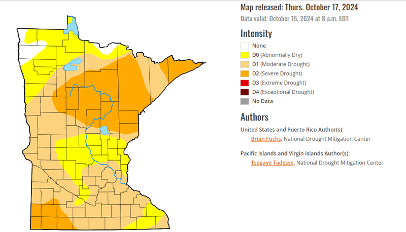Thursday's update from the U.S. Drought Monitor shows most of Minnesota is in moderate to severe drought again. 