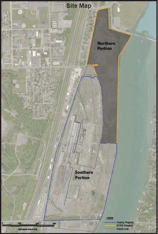 The original property is now split into a 76-acre northern portion presently owned by Riverview-Trenton Railroad Co. (RTRR) and a 197-acre southern portion, most of which is owned by MSC LLC.