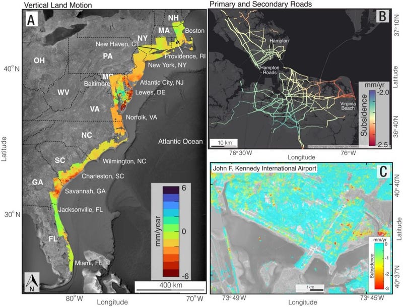 The above graphic features: a spatial map of vertical land motion on the East Coast (left panel); primary, secondary and interstate roads on Hampton Roads, Norfolk, and Virginia Beach, Virginia (top right panel); and John F. Kennedy International Airport, New York (bottom right panel). The yellow, orange and red areas on these maps denote areas of sinking. Images by Leonard Ohenhen.
