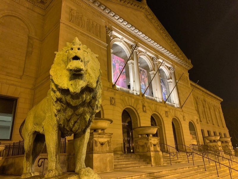 The lion statue which had its face mask stolen April 30, 2020.