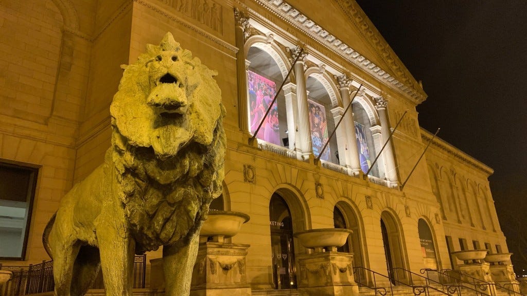 One Of The Face Masks Installed On Art Institute Lions Stolen