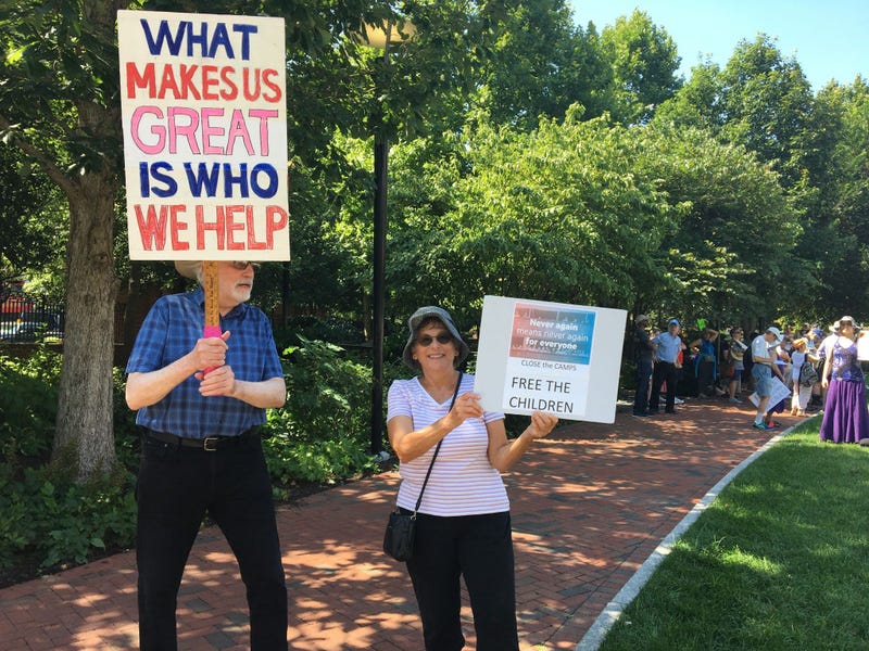 Dozens of seniors packed themselves into a small, makeshift enclosure today, and stood outside in the dangerous heat and humidity to protest migrant family separation and child detention. 