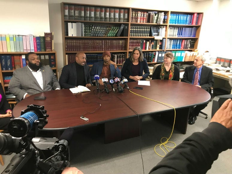 Maurice Hudson at a press conference discussing getting sent to jail for not being able to pay court costs.