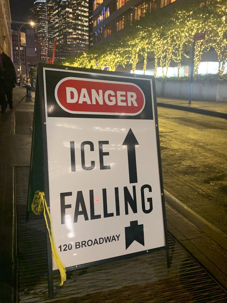 Falling ice in lower Manhattan