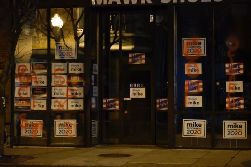 Chicago police are investigating after the words “racist,” “sexist,” “GOP” and “oligarch” were spray-painted on the front of Mike Bloomberg’s presidential campaign office, 1130 W. Bryn Mawr Ave., on Feb. 24, 2020.