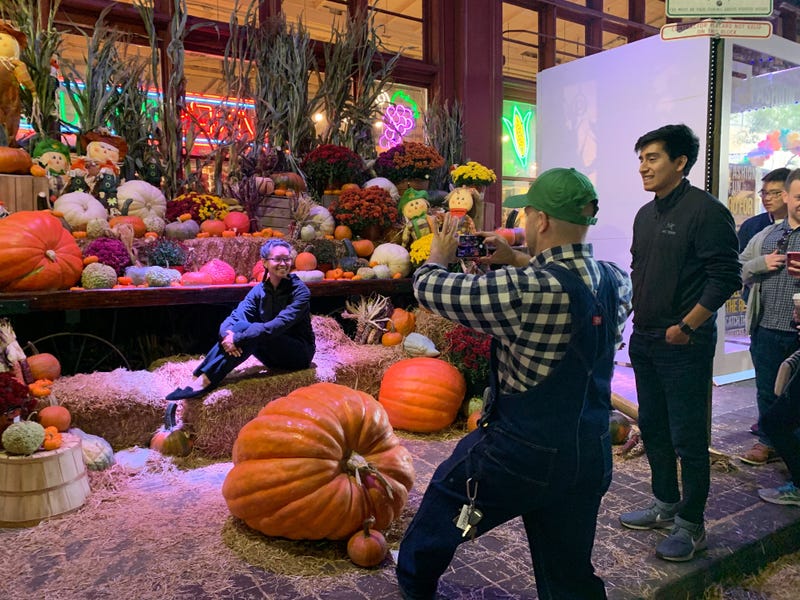 Festival-goers taking pictures with a variety of giant pumpkins and plants at the Reading Terminal Market Harvest Festival.