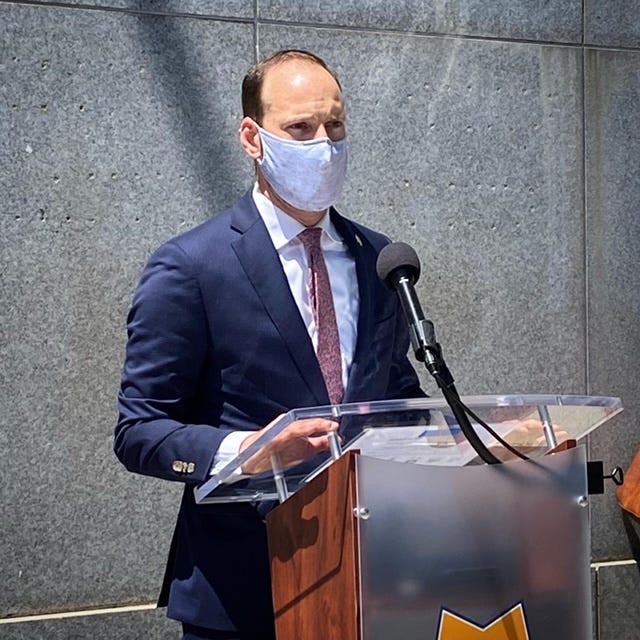 CA Attorney General Chesa Boudin speaking to reporters on Friday.