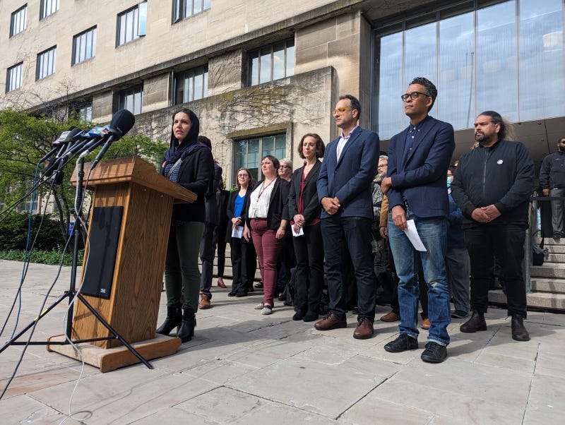 Faculty and staff at the University of Chicago spoke to the media on Monday regarding an ongoing encampment demonstration on the campus quad.