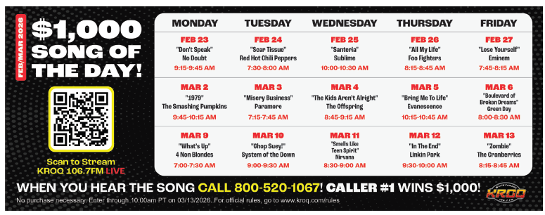 $1,000 song of the day