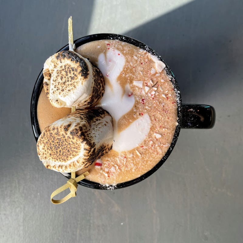 Rewired's Yulelog Fire Mocha with smoked peppermint chocolate sauce, espresso and milk and topped with crushed peppermint and toasted marshmallow.