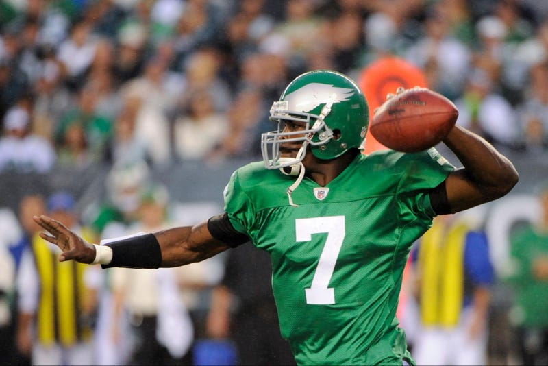 Michael Vick throws a pass against the Green Bay Packers in a September 12th, 2010 game at Lincoln Financial Field