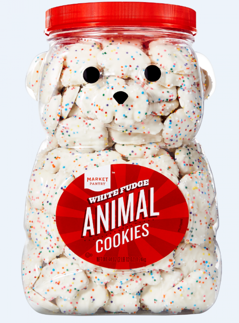 Market Pantry White Fudge covered Animal Cookies.