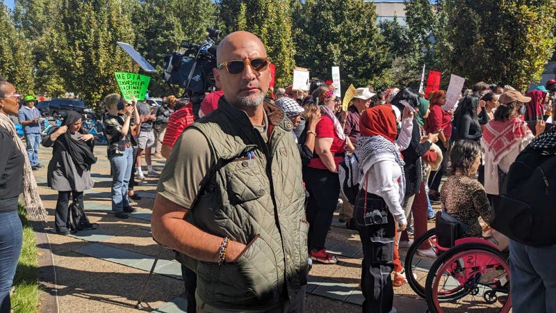 Ray Mustafa at a Palestinian rally in Center City, Philadelphia in October 2023.