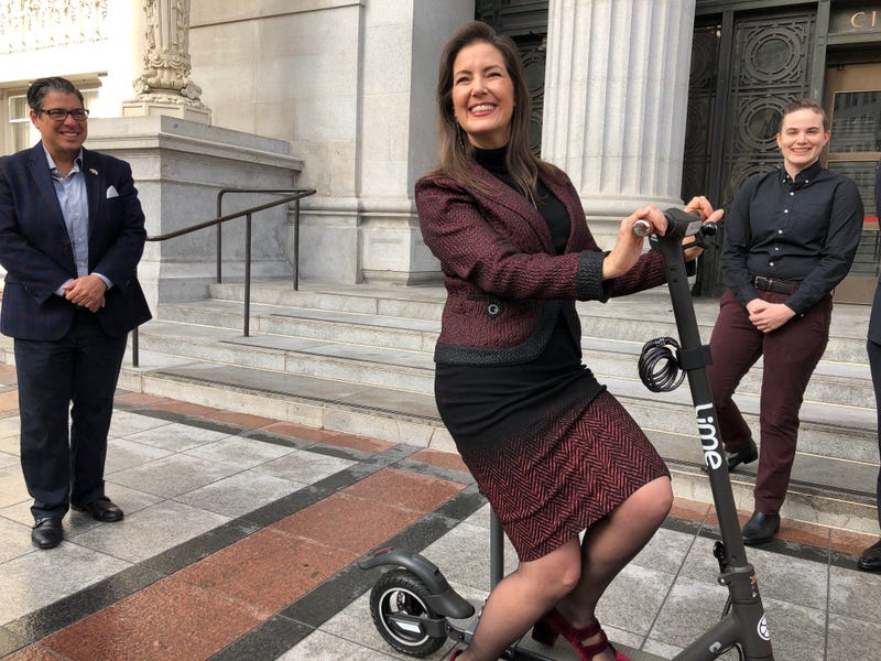 Oakland Mayor Libby Schaaf on Jan. 8, 2020 models an electronic scooter that has been designed for people with disabilities.