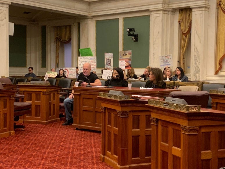 Animal welfare advocates (from left) Ian Griffiths, Anita Kay and Marsha Perelman testify for more funding for ACCT at a Philadelphia City Council hearing.