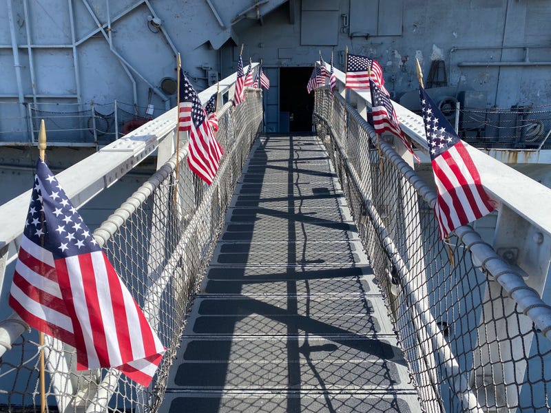 Flags on USS Hornet, Alameda during Citizenship ceremony, July 2, 2020