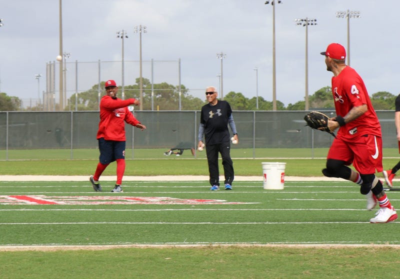 Catcher Yadier Molina joins in on an outfielders drill.